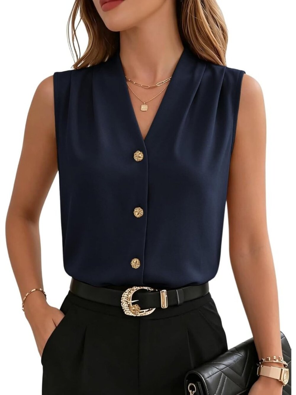 Womens Dirty Blue Sleeveless Button Down V Neck Imported Casual Blouses Tank Top